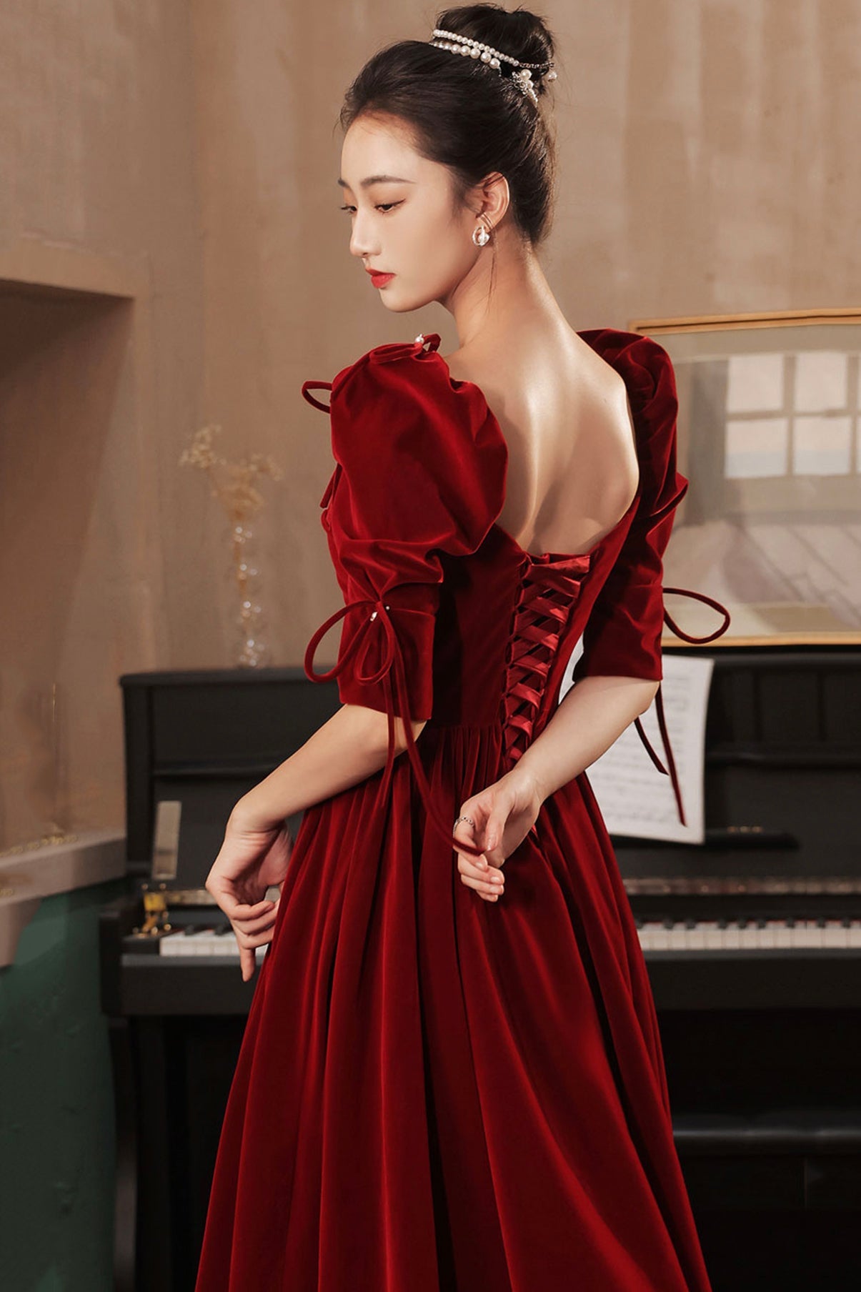 Burgundy velvet long prom dress A line evening gown  10025