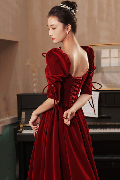 Burgundy velvet long prom dress A line evening gown  10025