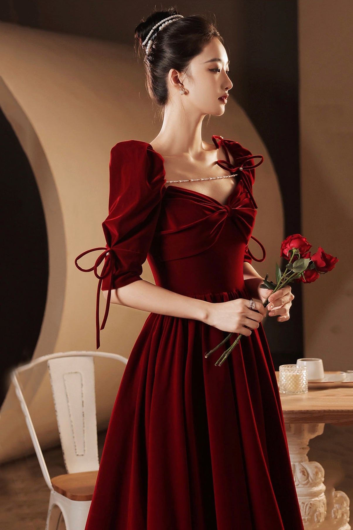 Burgundy velvet long prom dress A line evening gown  10025