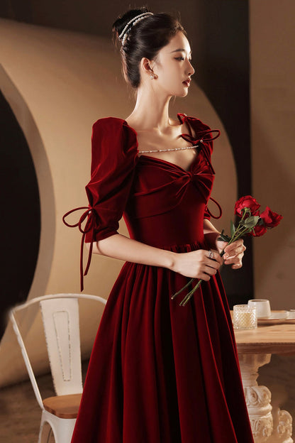Burgundy velvet long prom dress A line evening gown  10025