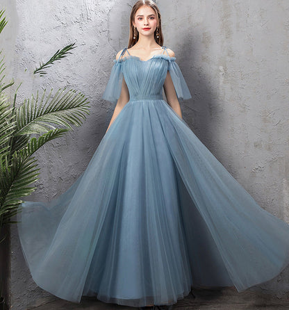 Blue tulle long prom dress A line evening dress  10024