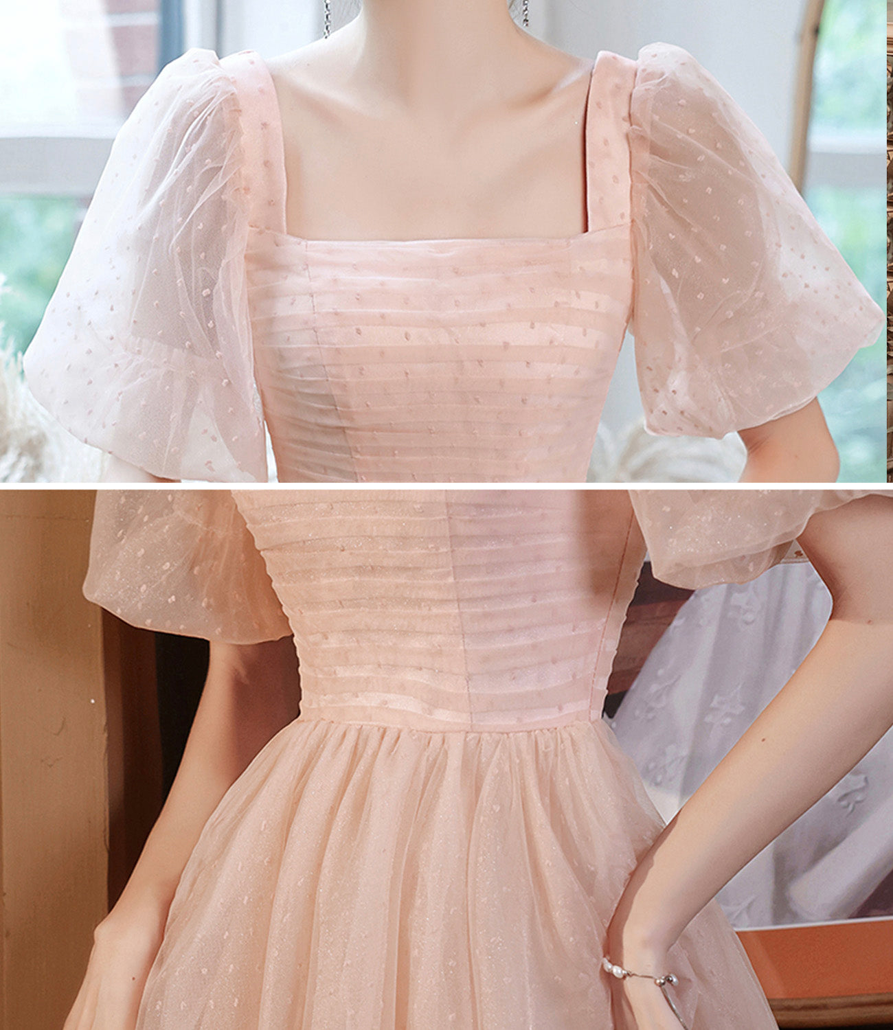 Pink tulle long A line prom dress pink evening gown  8943