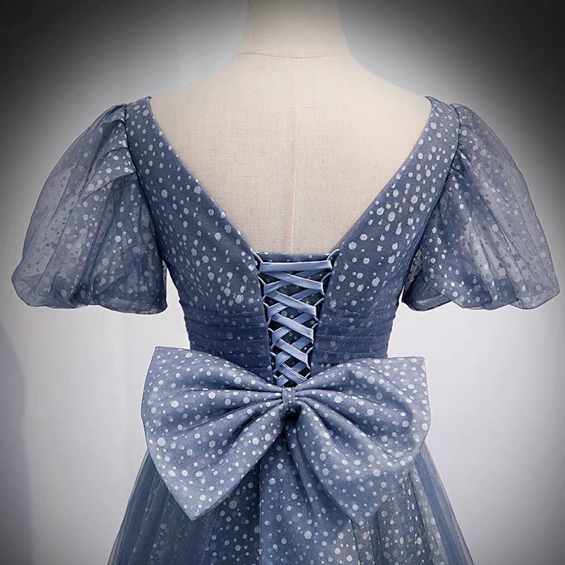 Blue v neck tulle long prom dress blue evening dress  8957