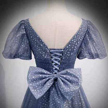 Blue v neck tulle long prom dress blue evening dress  8957