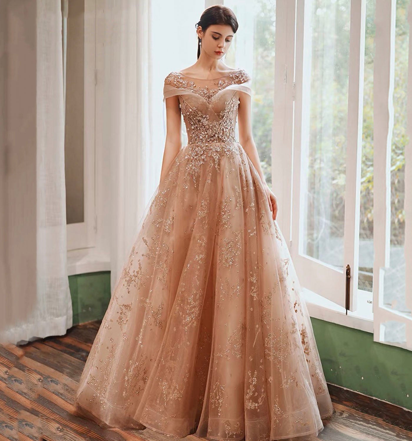 Shiny tulle sequins long prom dress formal dress  8977