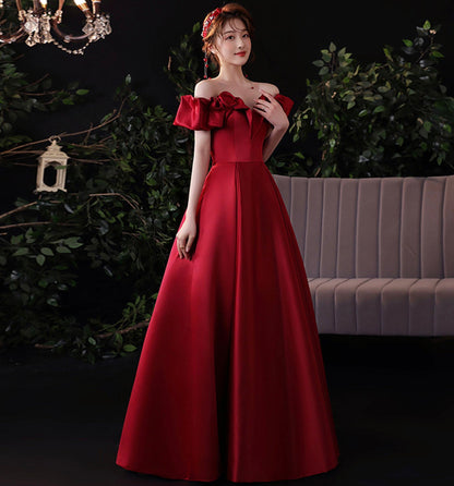 Burgundy satin long prom dress evening dress  8971