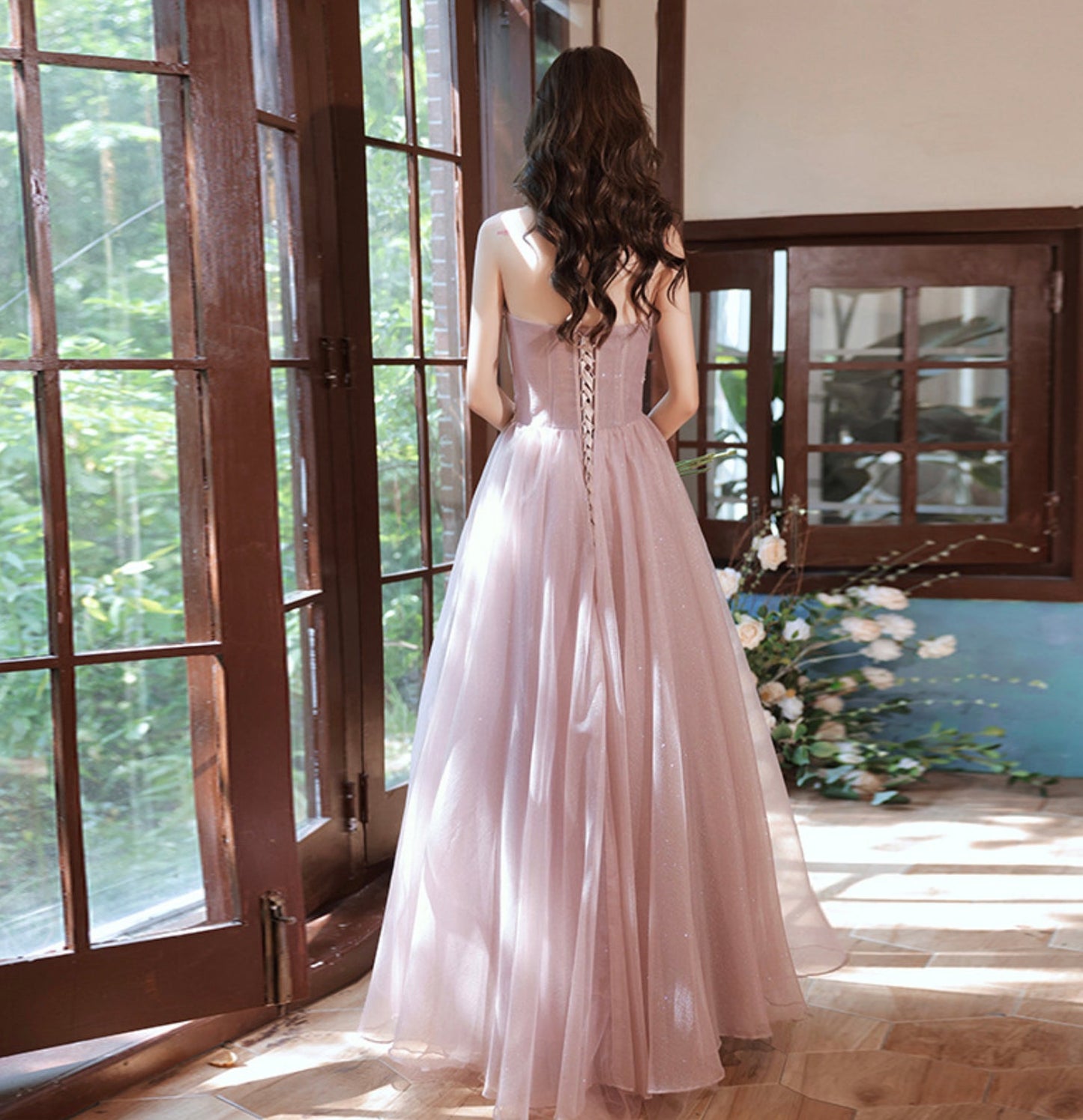 Pink tulle lace long A line prom dress evening gown  8952