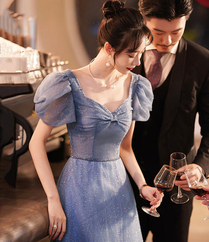 Blue tulle long A line prom dress evening dress  8966