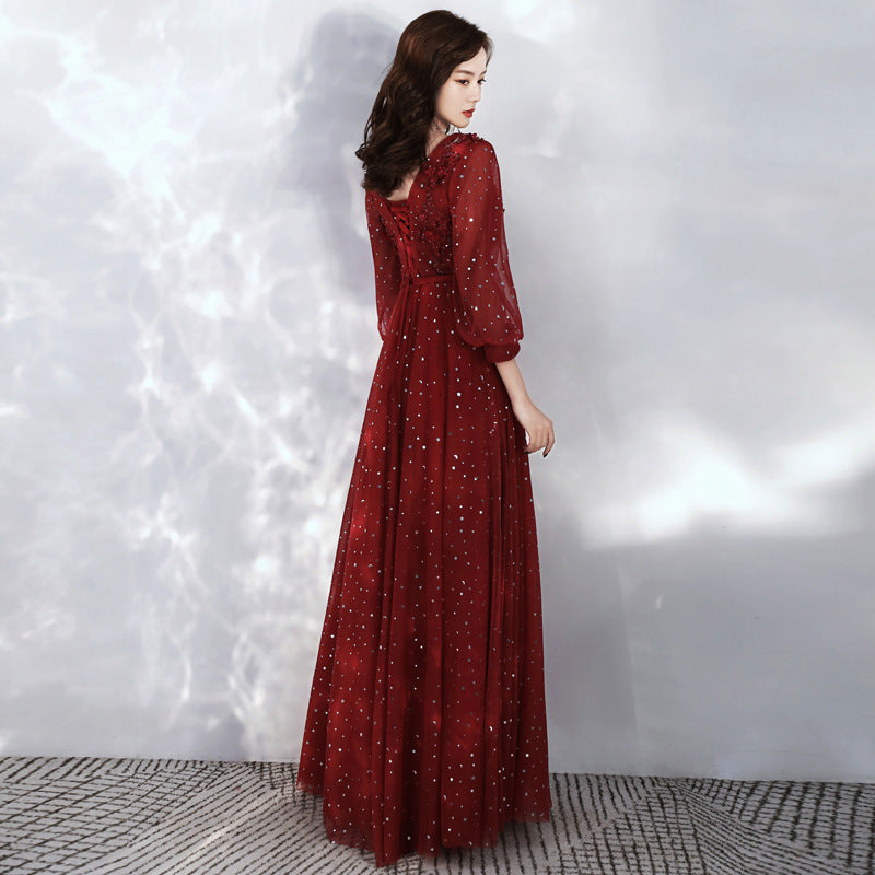 Burgundy lace long sleeve prom dress evening dress  8985