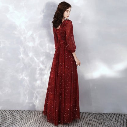 Burgundy lace long sleeve prom dress evening dress  8985