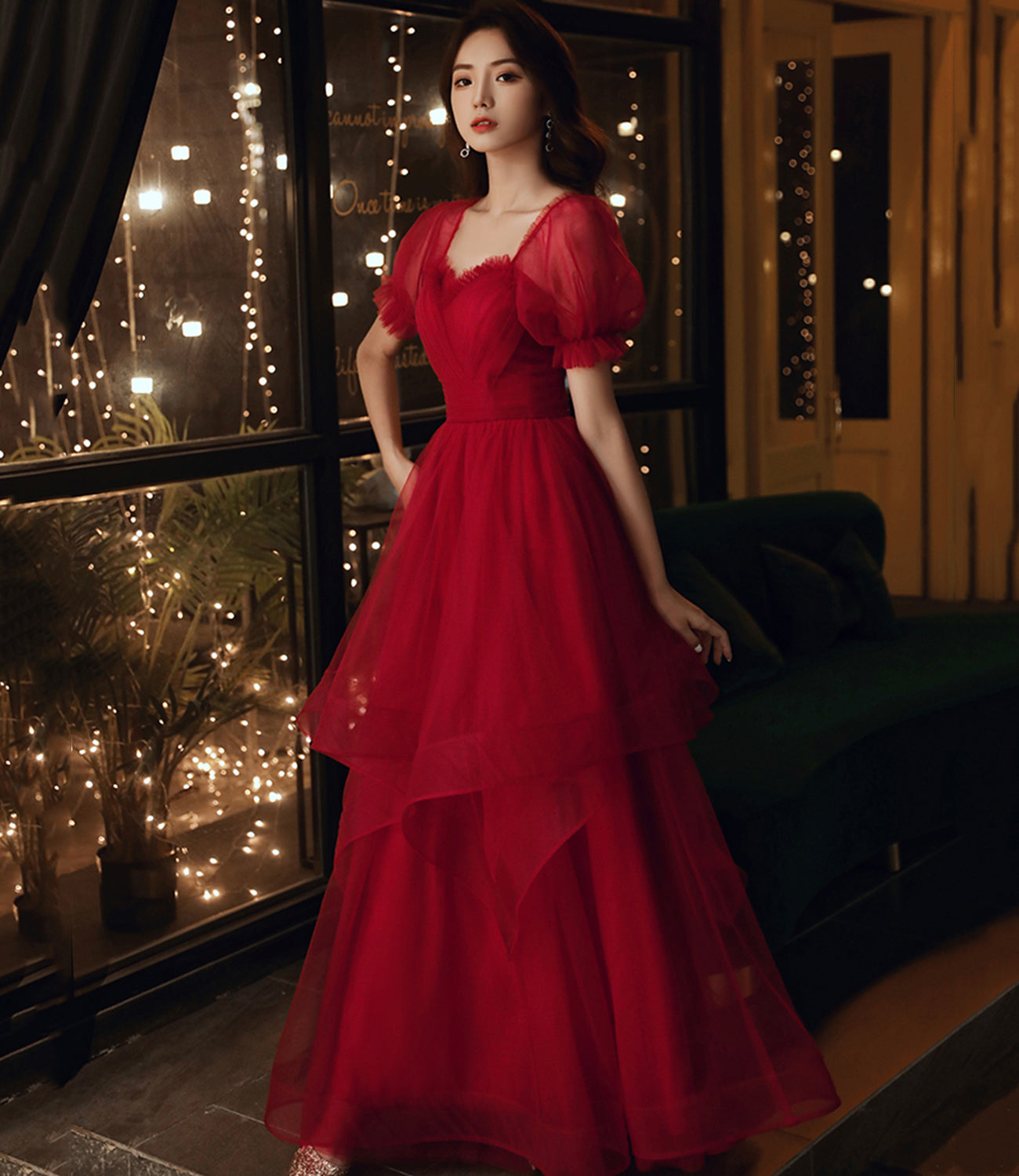 Burgundy tulle long prom dress evening gown  8959