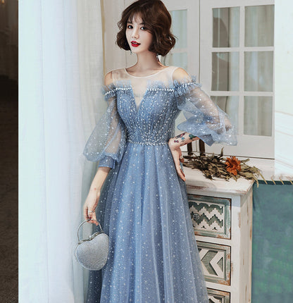 Blue tulle long prom dress A line evening gown  8955