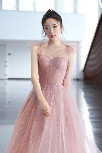 Pink A line prom dress pink tulle evening dress  8656