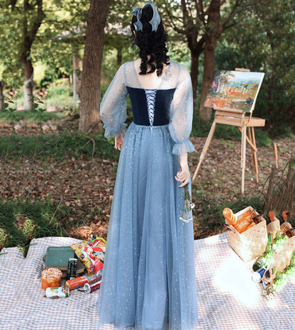 Blue velvet tulle long prom dress blue evening dress  8533