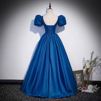 Blue saitn long prom dress A line evening gown  10102