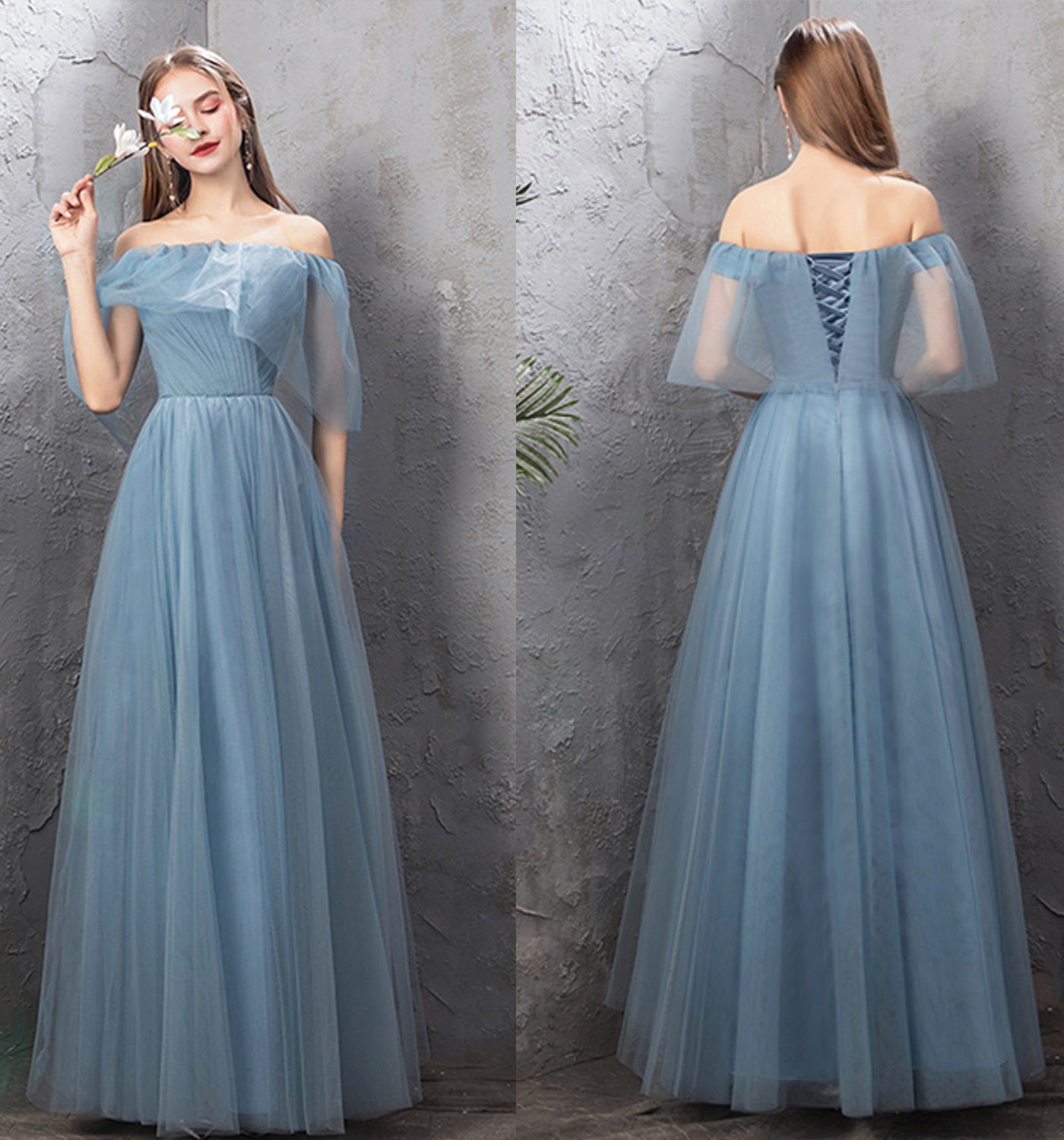 Blue tulle long prom dress A line evening dress  10024