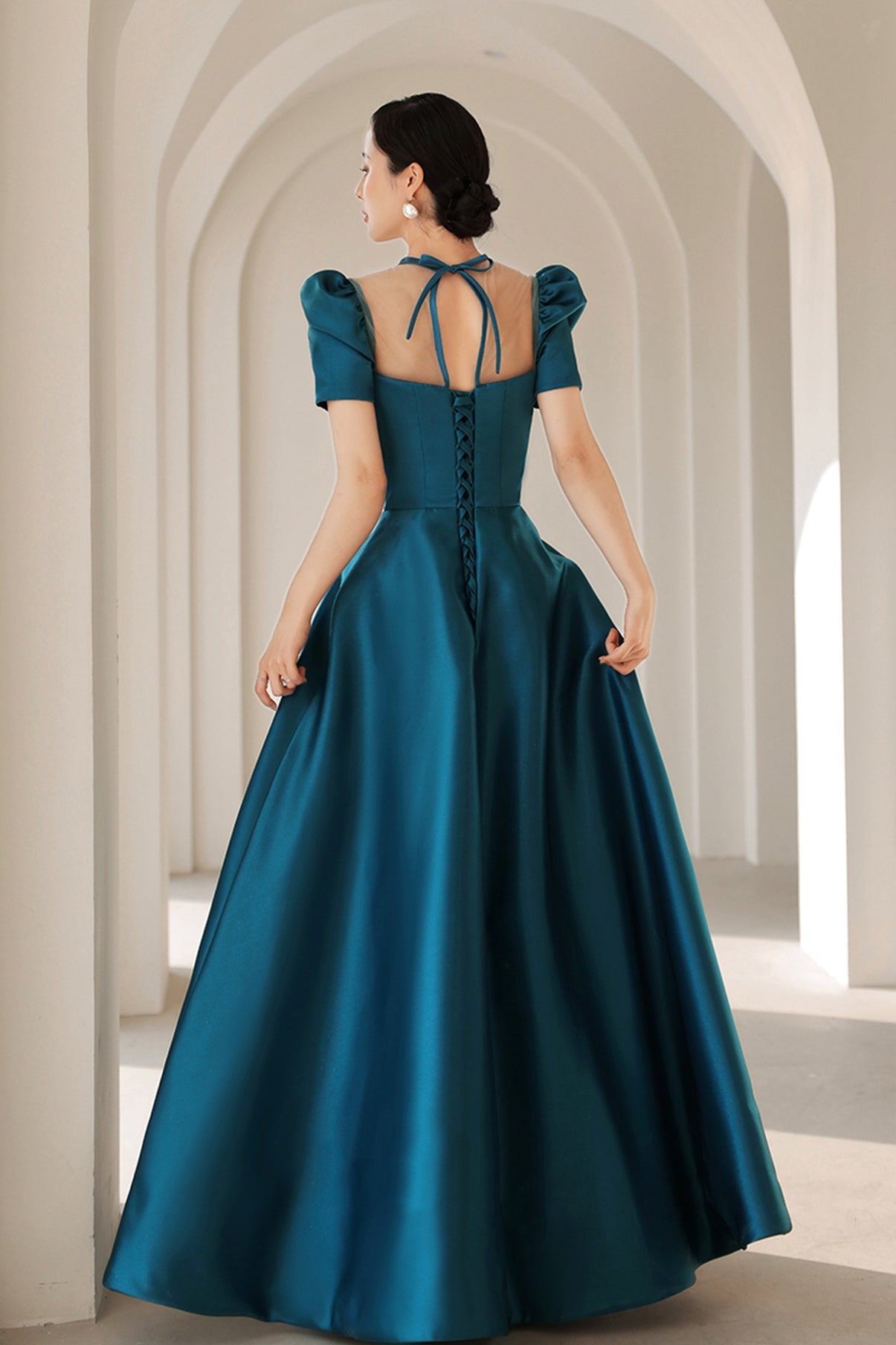 Blue satin long A line prom dress blue evening dress  8784