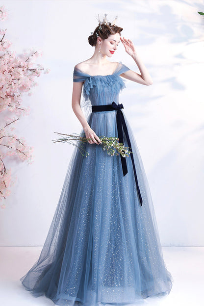 Blue tulle long A line prom dress blue evening dress  8777