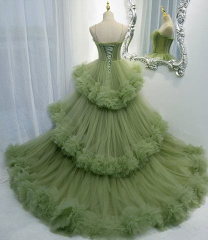 Green tulle long A line prom dress green evening dress  8836