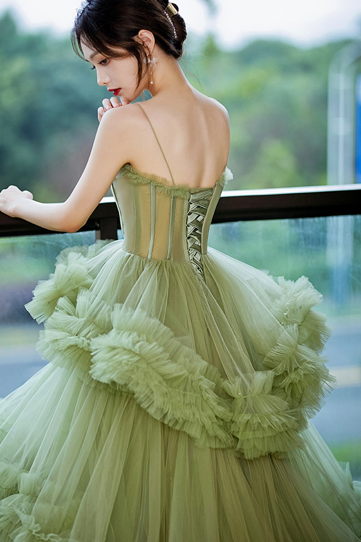 Green tulle long A line prom dress green evening dress  8809