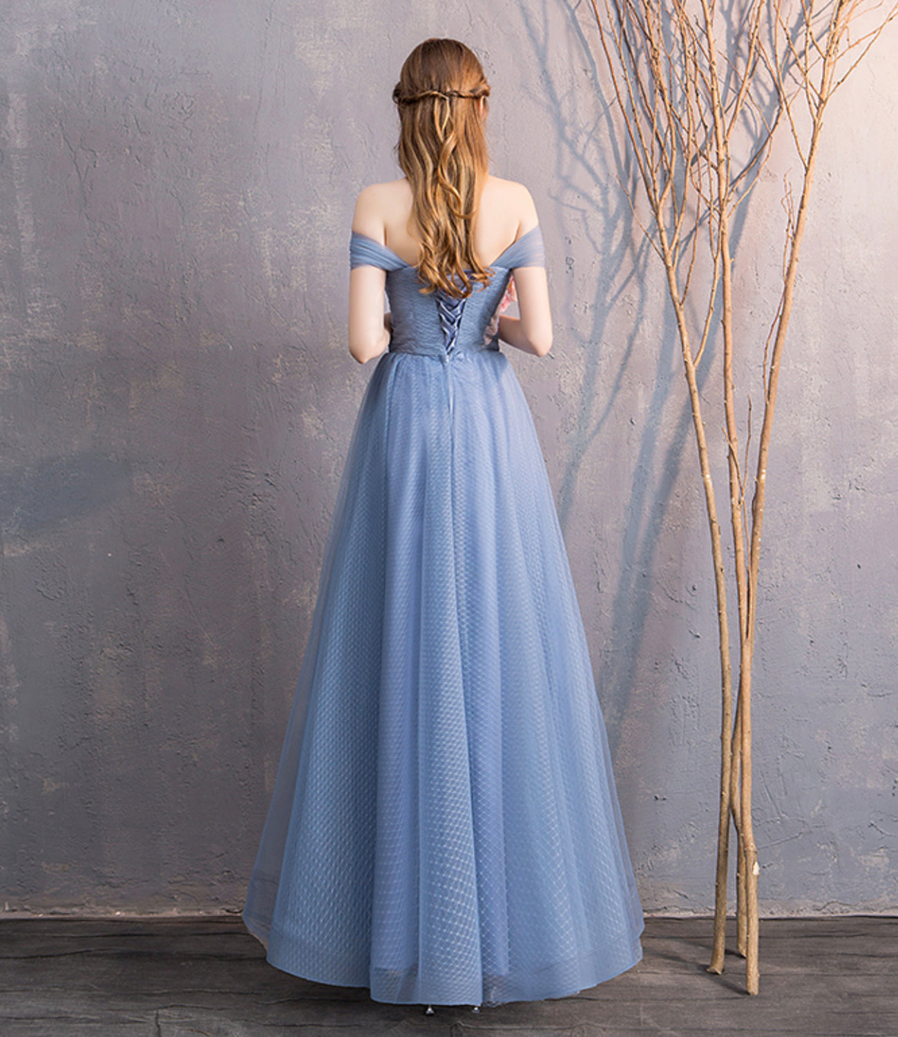 Blue tulle long prom dress simple evening dress  8866