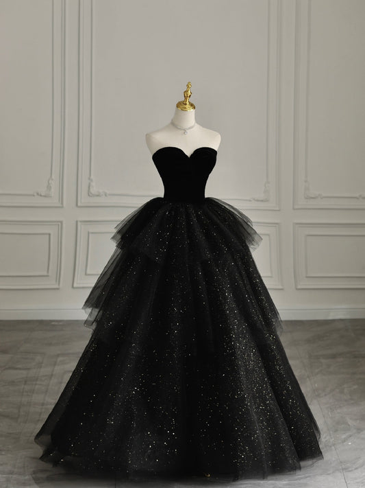 Black Strapless Layered Velvet Tulle Long Prom Dress Evening Dress SH1617