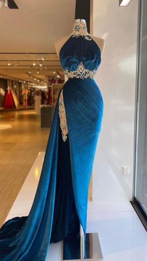 Blue sexy elegant fashion exquisite lace beading long velvet slit floor-length ball gown evening dress gh3413