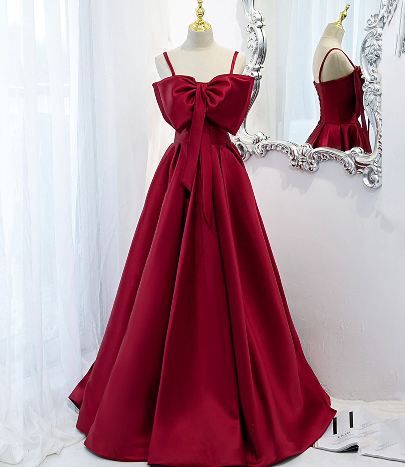 Burgundy satin long A line prom dress evening dress  8825