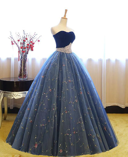 Blue shiny sweet cute charming exquisite floral tulle A-line long prom dress evening dress 16-year-old adult ceremony dress gh3554