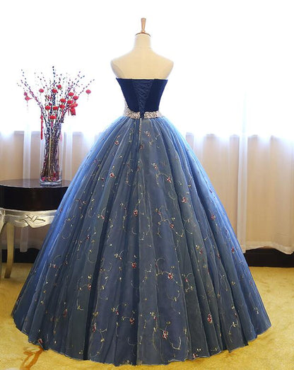 Blue shiny sweet cute charming exquisite floral tulle A-line long prom dress evening dress 16-year-old adult ceremony dress gh3554