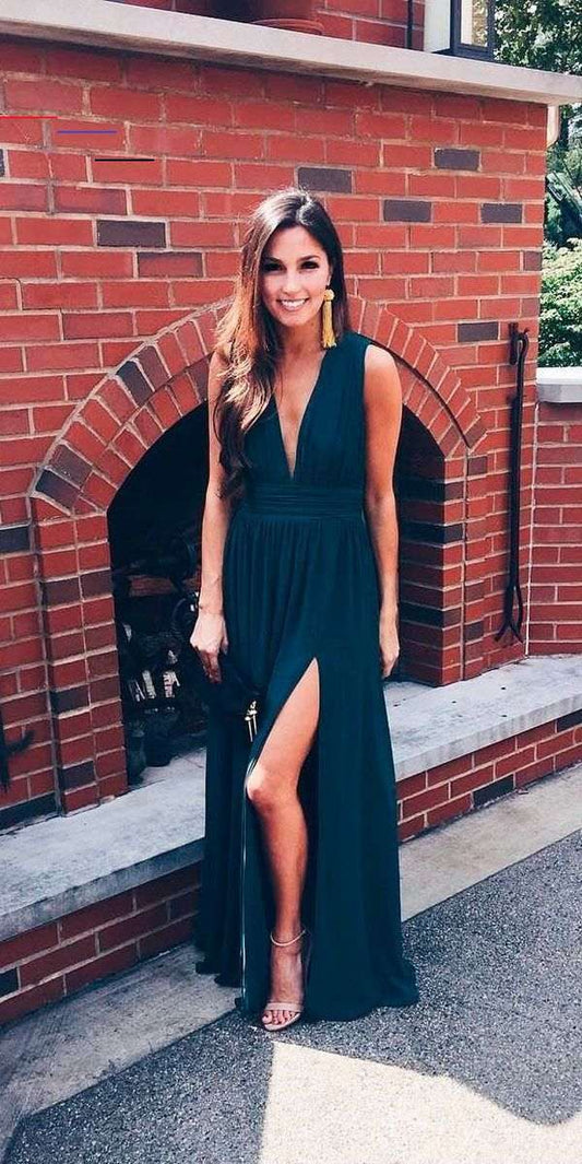 Stylish A-Line Deep V Neck Navy Blue Chiffon Long Prom Dresses with Side Split,Sexy Evening Party Dresses SA1581