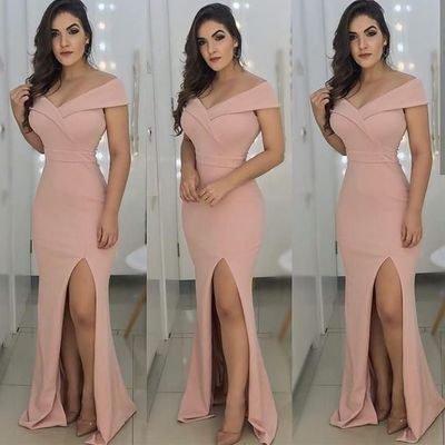 Off-Shoulder Satin Mermaid Long prom Dresses with Front Slit SA1583
