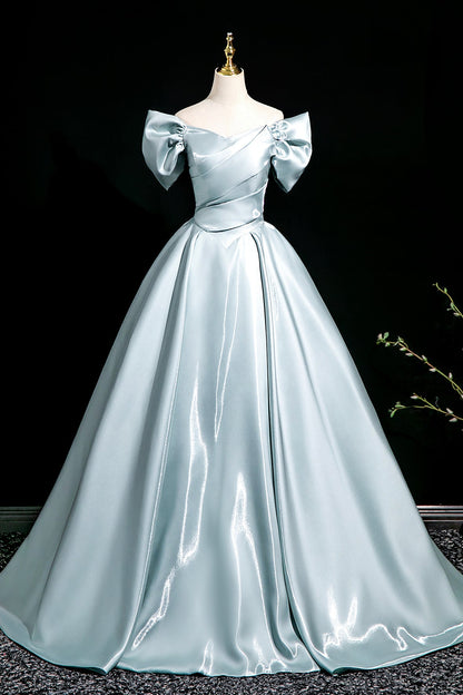 Blue Satin Long Prom Dress, A-Line Off the Shoulder Evening Party Dress