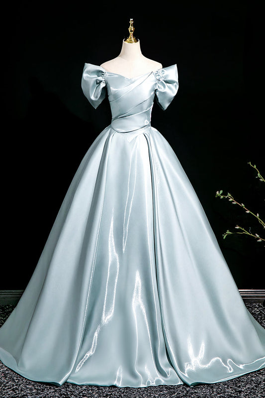 Blue Satin Long Prom Dress, A-Line Off the Shoulder Evening Party Dress