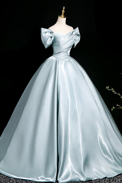 Blue Satin Long Prom Dress, A-Line Off the Shoulder Evening Party Dress