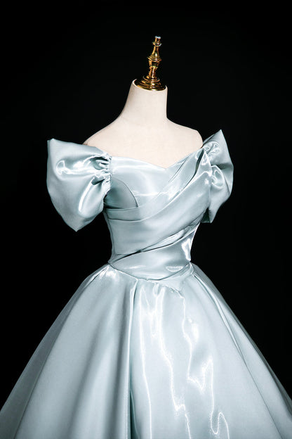 Blue Satin Long Prom Dress, A-Line Off the Shoulder Evening Party Dress