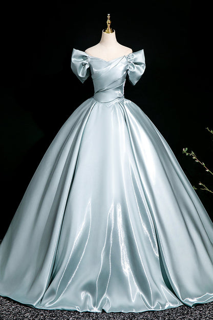 Blue Satin Long Prom Dress, A-Line Off the Shoulder Evening Party Dress