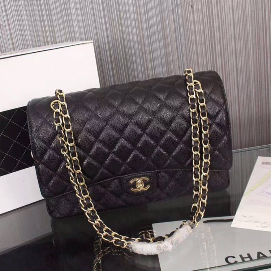 CHANEL Classic Maxi Handbag GRAINED CALFSKIN & GOLD METAL