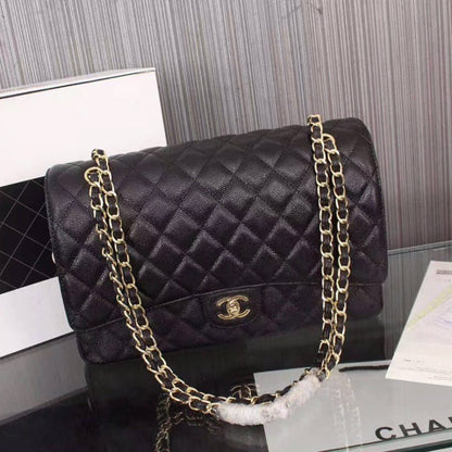 CHANEL Classic Maxi Handbag GRAINED CALFSKIN & GOLD METAL