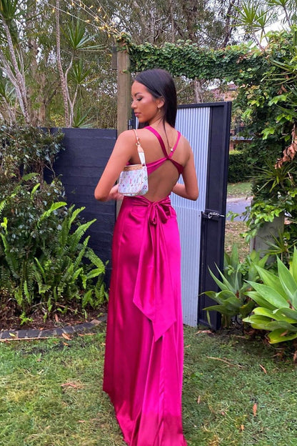 V Neck Yellow Satin Bow Back Party Dress Gala Dresses Elegant