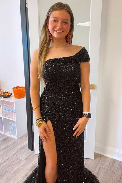 Black One Shoulder Sequin Long Party Dress,Pink Formal Evening Dresses