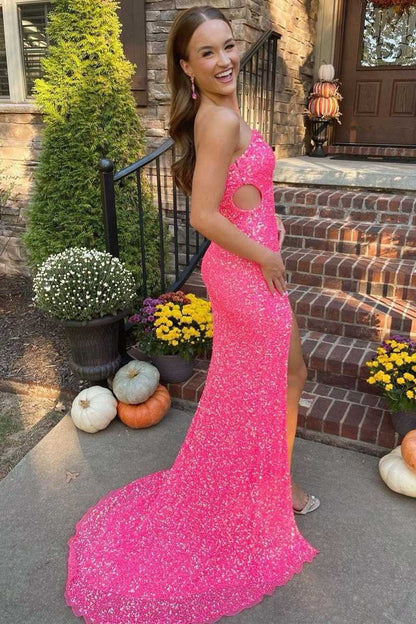 Black One Shoulder Sequin Long Party Dress,Pink Formal Evening Dresses