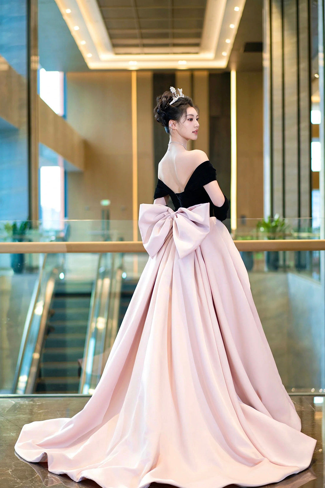 Black Velvet and Pink Satin Long Prom Dress, Off the Shoulder Evening Party Dress