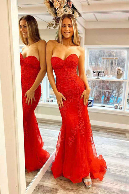 Mermaid Strapless Lace Long Prom Dress, Red Evening Party Dress