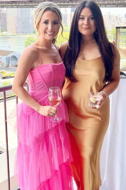 PM095,Pink Spaghetti Straps Floor Length Prom Dress With Ruffles, Tulle Formal Gown