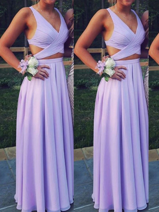 V Neck A Line Long Lavender Prom Dress, Long 2 Pieces Bridesmaid Dress K1408