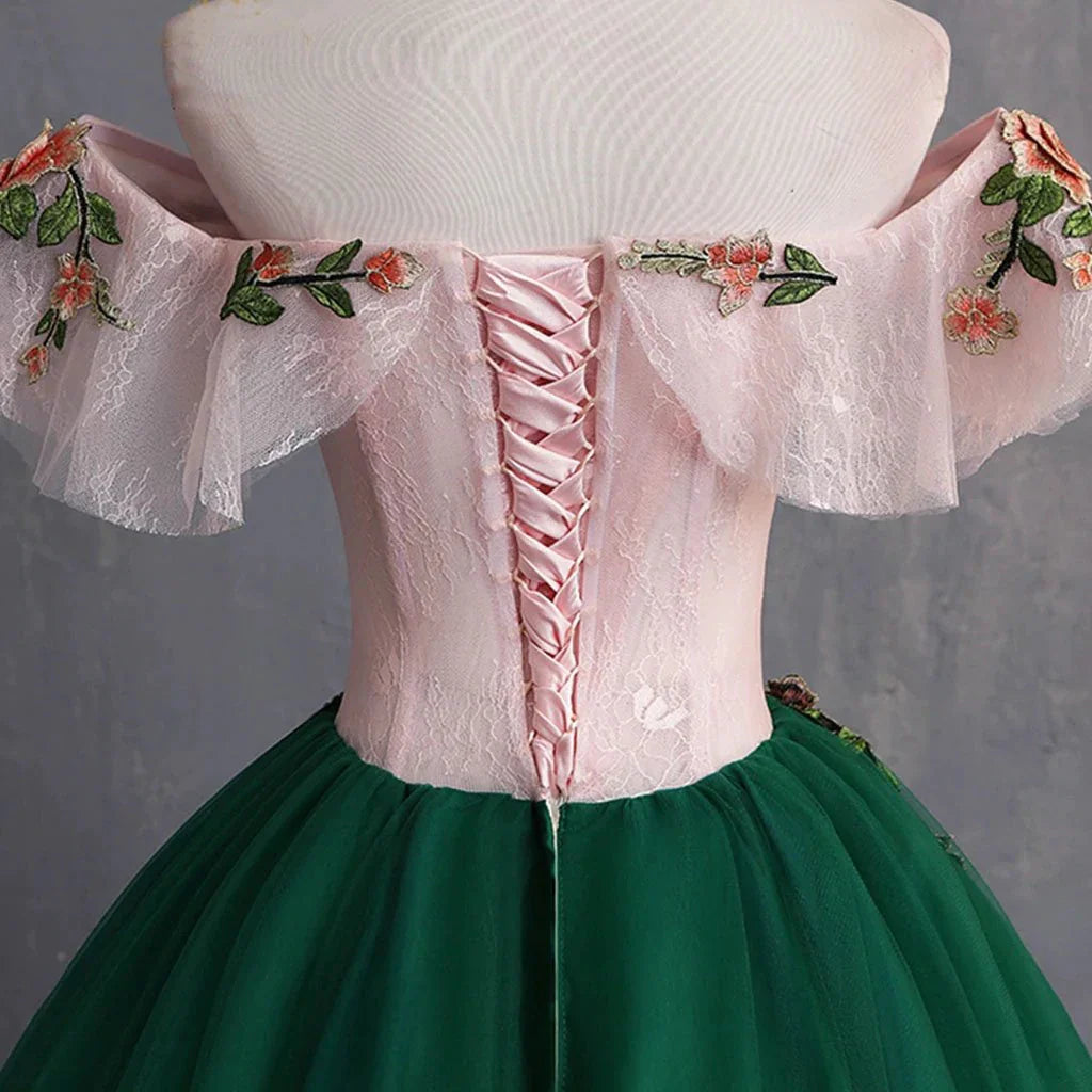 PM109,Green Off The Shoulder Floor Length Prom Dress With Appliques,Puffy Quinceanera Dress