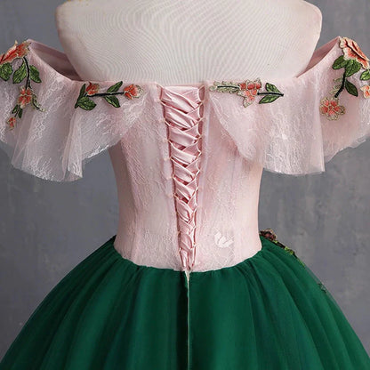 PM109,Green Off The Shoulder Floor Length Prom Dress With Appliques,Puffy Quinceanera Dress