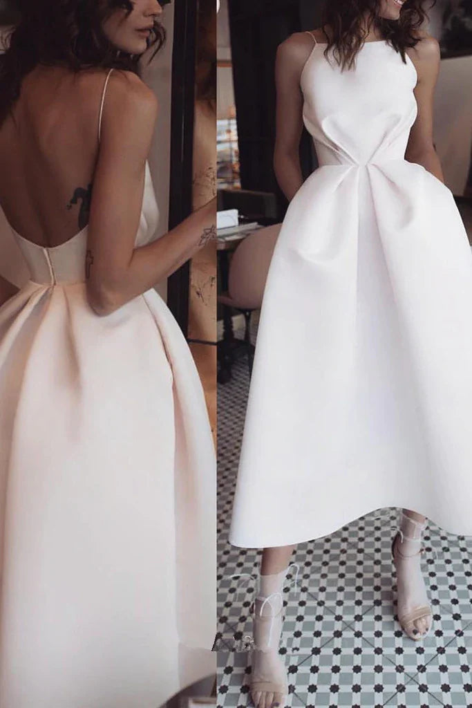 PM099,Unique Tea Length Satin Party Dress, Spaghetti Straps Backless Prom Dress