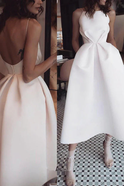 PM099,Unique Tea Length Satin Party Dress, Spaghetti Straps Backless Prom Dress
